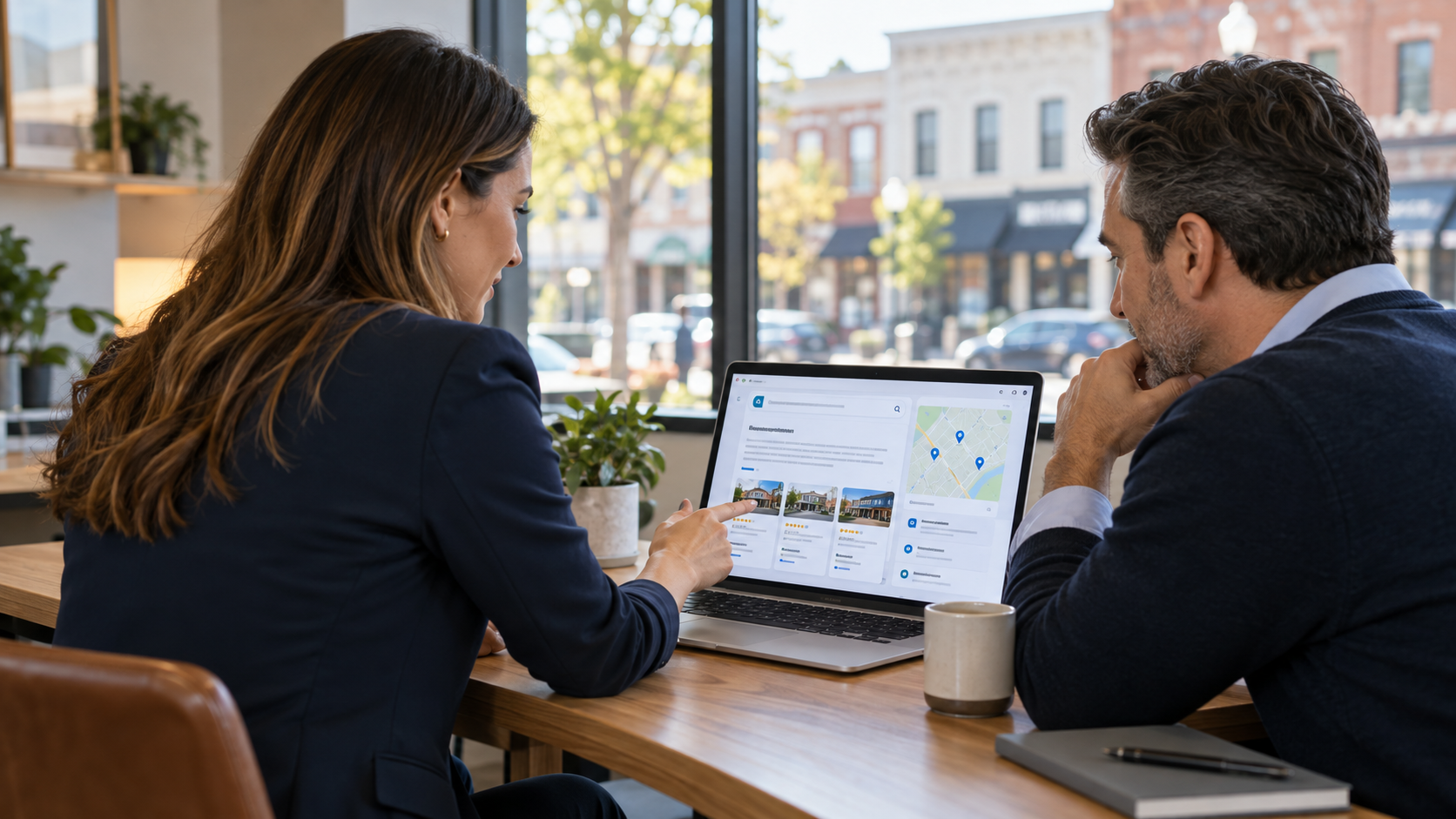 Two marketers reviewing local search results on a laptop